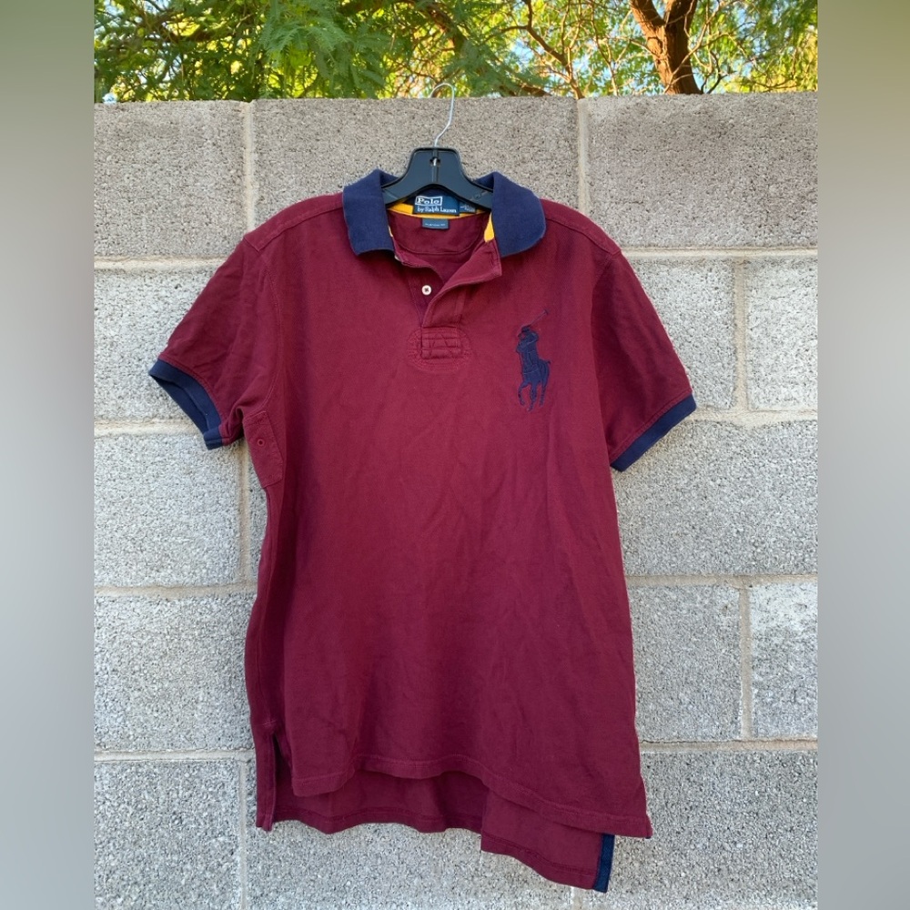 Vtg Polo Ralph Lauren Polo Maroon w/ Blue Big Pony Short Sleeve Custom Fit Large